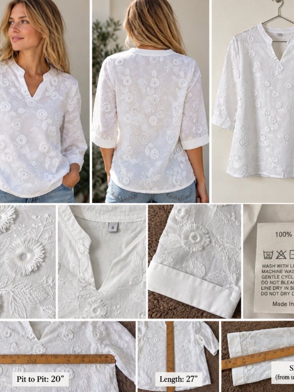 White 100% Cotton Embroidered Floral Blouse Boho Coastal Grandma Romantic S